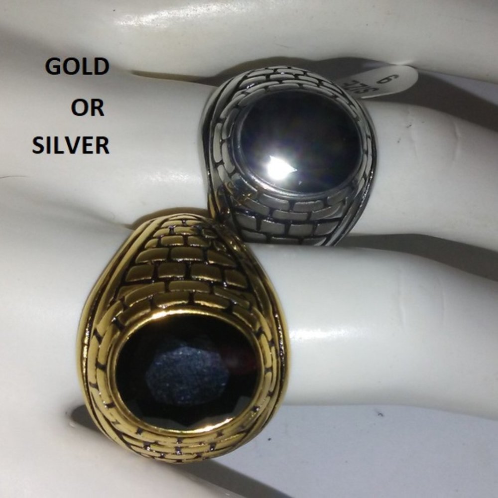 Stainless Steel Silver or 18kt Gold ring mens classic black stone signet NEW